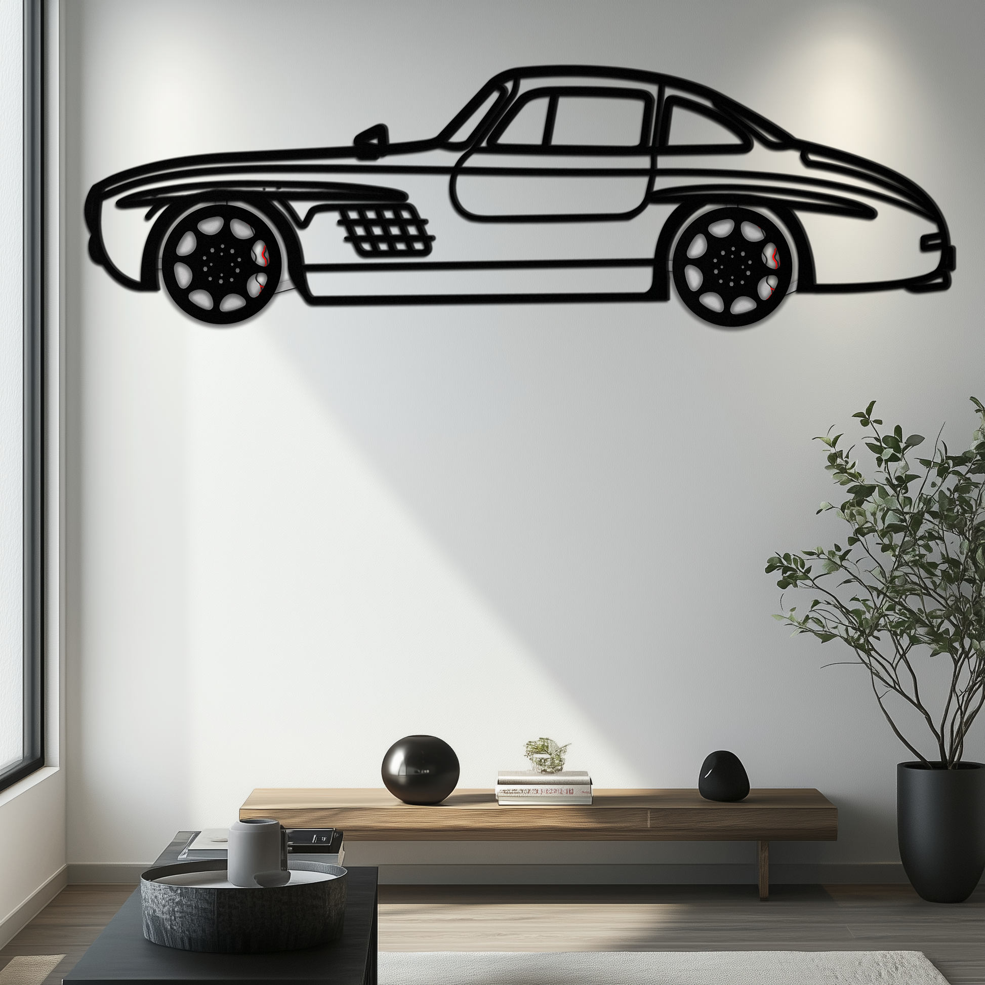 Mercedes 300 SL Metal Wall Art – Classic Gullwing Silhouette with Rotating Wheels ✨🏁KAFMEKA070 - Tampa Home & Garden Store