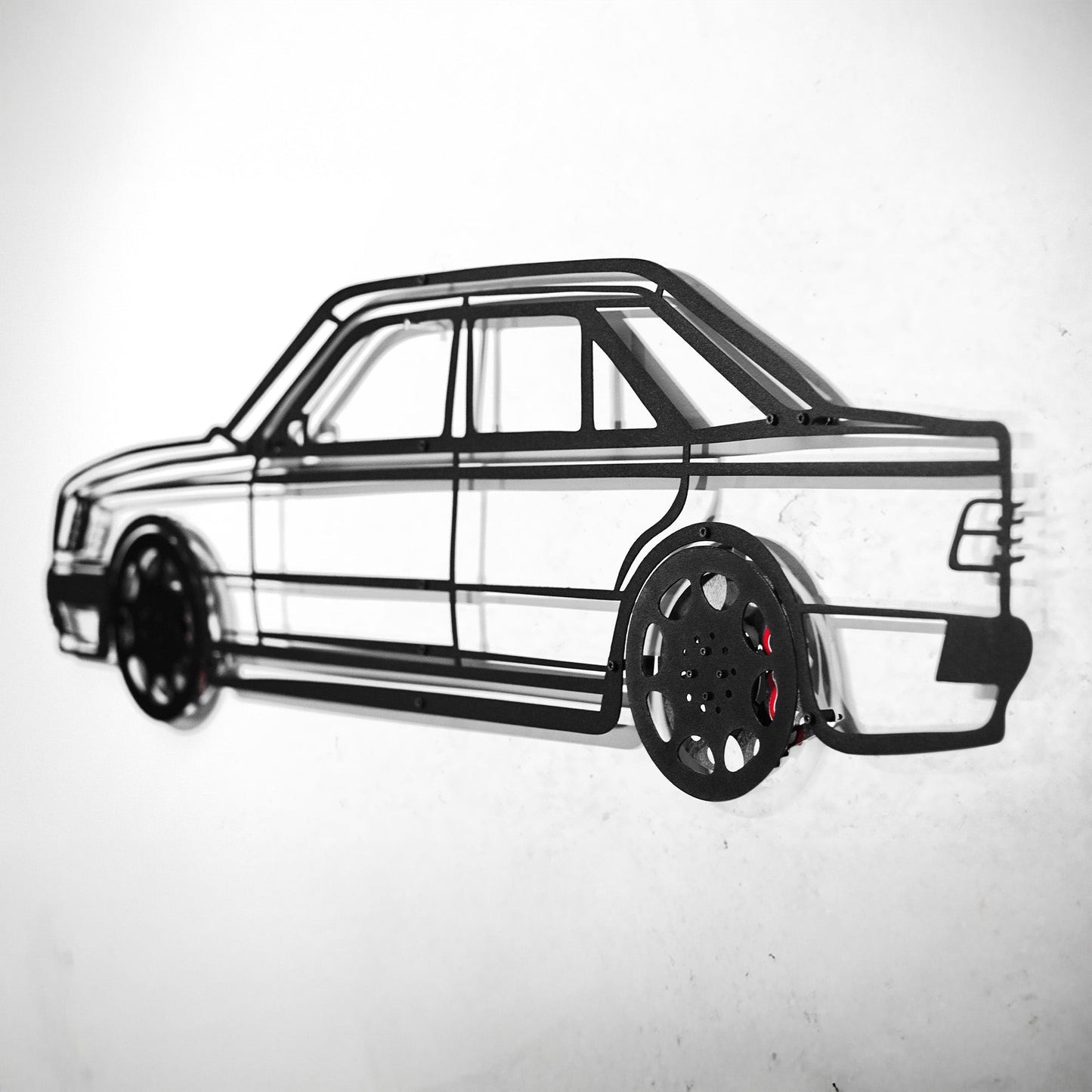 Mercedes W124 Wall Art – Classic Steel Silhouette with Spinning Wheels-KAFMEKA035 - Tampa Home & Garden Store