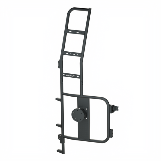 Avatar Offroad van rear ladder tire carrier mount; dark gray metal frame with ladder rungs on Tampa Home & Garden Store