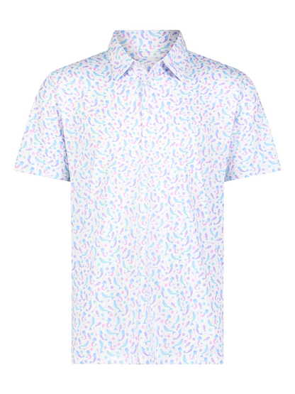 Mermaid Polo shirt by White Water Life with pastel mermaid print on white polo fabric on Tampa Home & Garden Store