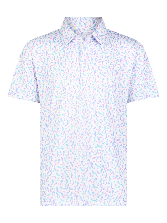 Mermaid Polo shirt by White Water Life with pastel mermaid print on white polo fabric on Tampa Home & Garden Store
