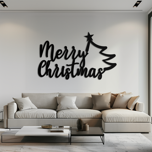 Merry Christmas Tree Metal Wall Art - Holiday Season Script Steel Decor- KAF316 - Tampa Home & Garden Store