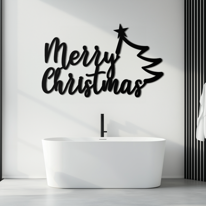 Merry Christmas Tree Metal Wall Art - Holiday Season Script Steel Decor- KAF316 - Tampa Home & Garden Store