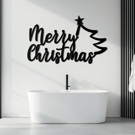 Merry Christmas Tree Metal Wall Art - Holiday Season Script Steel Decor- KAF316 - Tampa Home & Garden Store