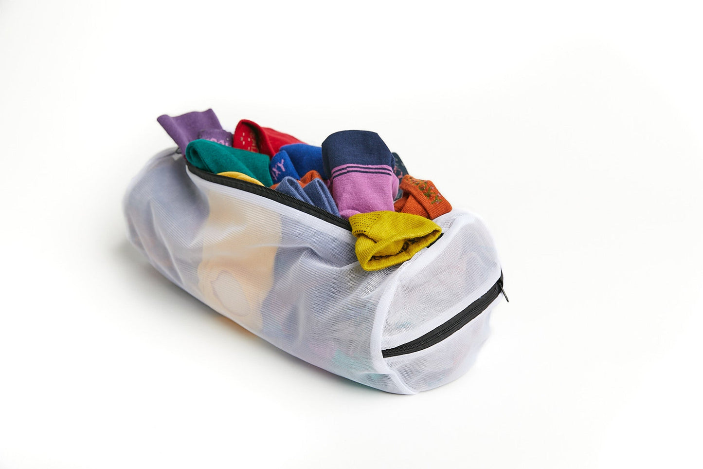Mesh sock wash bag with colorful socks inside; gray mesh, black zipper on Tampa Home & Garden Store