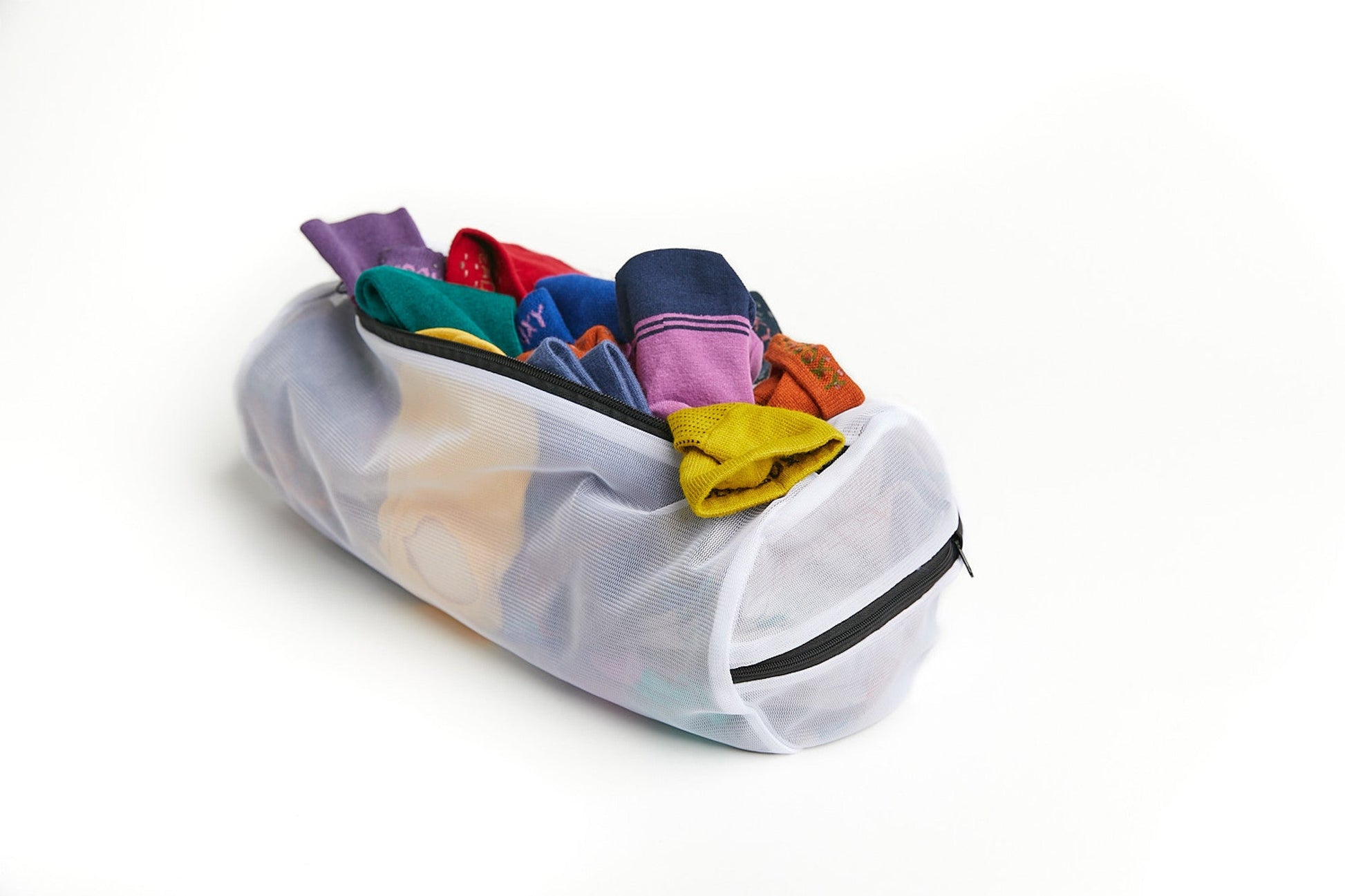 Mesh sock wash bag with colorful socks inside; gray mesh, black zipper on Tampa Home & Garden Store