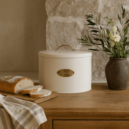 Metal Bread Storage Box with Lid – Cream with Brass Accent - Tampa Home & Garden Store