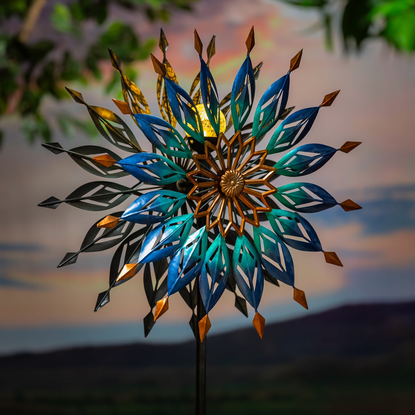 Metal Solar Wind Spinner, Blue Butterfly & Flowers, 74"H - Tampa Home & Garden Store