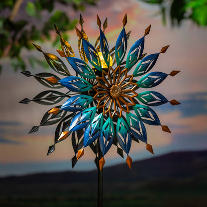 Metal Solar Wind Spinner, Blue Butterfly & Flowers, 74"H - Tampa Home & Garden Store