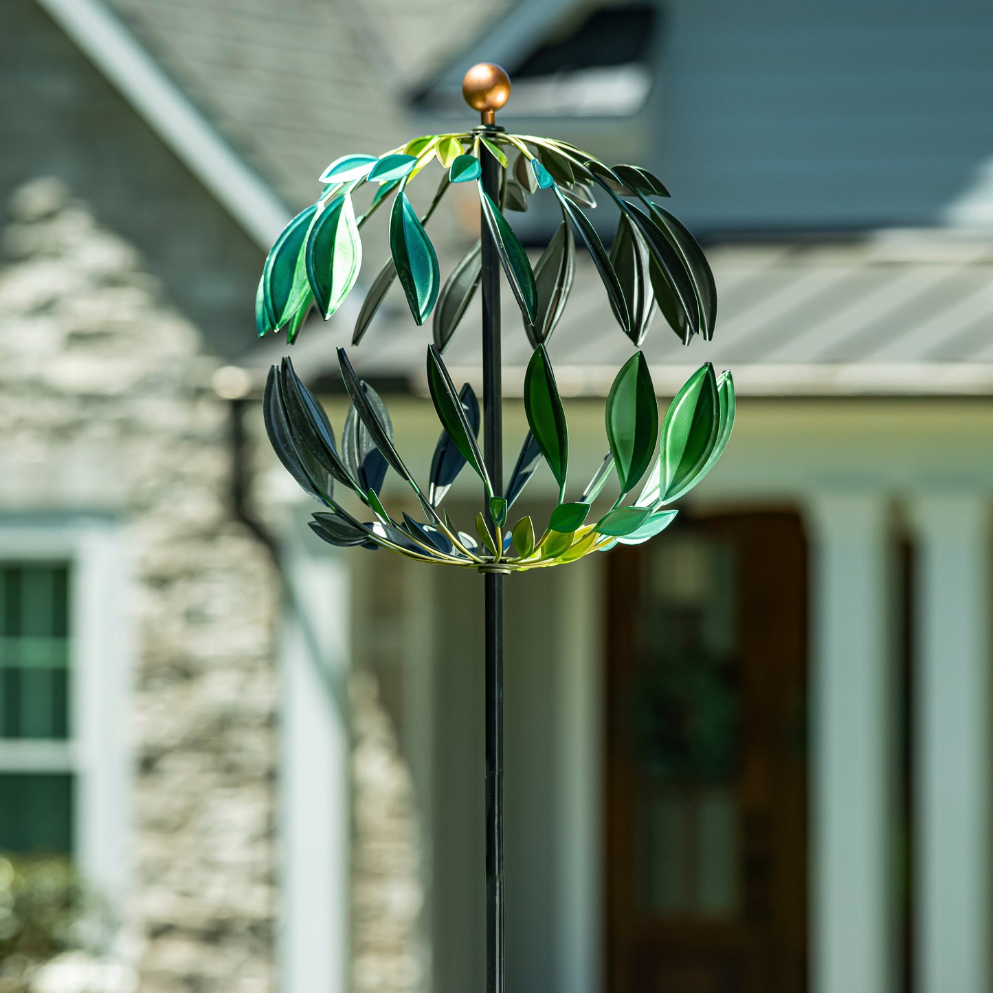 Metal Wind Spinner, Blue and Green Leaves, 74"H - Tampa Home & Garden Store