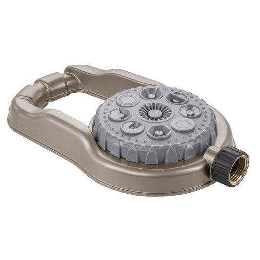 Metal 8-pattern sprinkler by Orbit Irrigation on weighted bronze base with gray spray head on Tampa Home & Garden Store