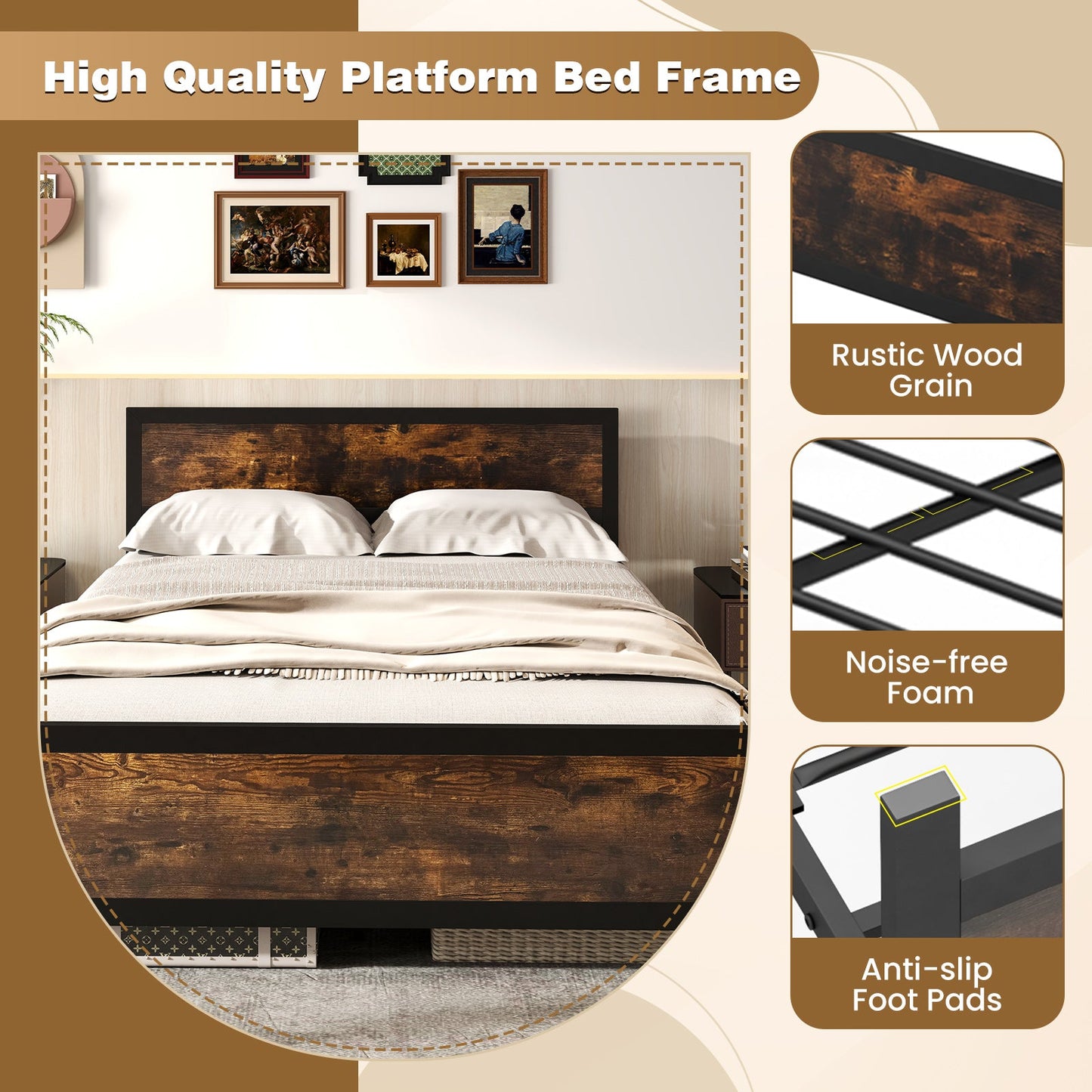 Estructura de cama metálica con cabecero y pie de cama - Tamaño queen