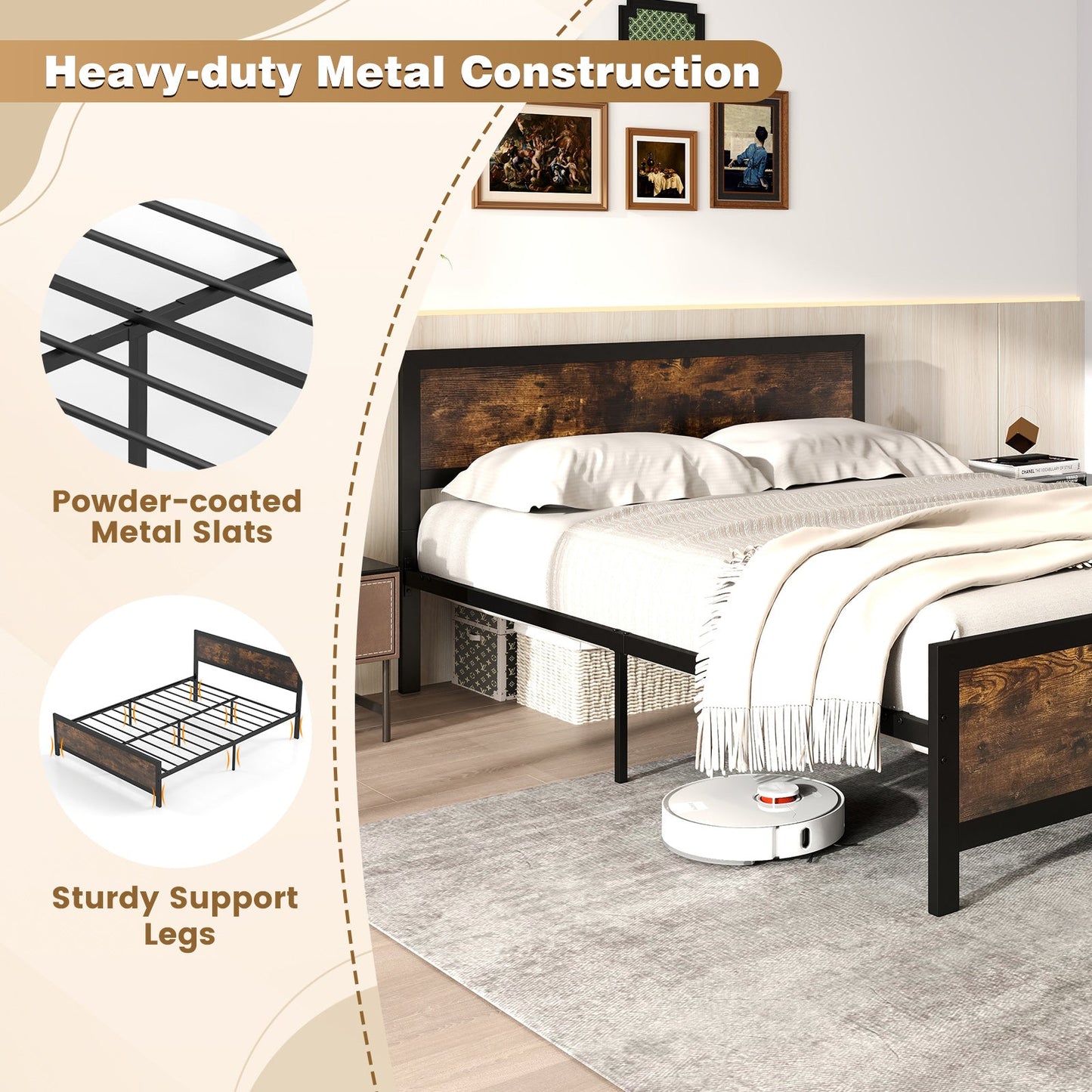 Estructura de cama metálica con cabecero y pie de cama - Tamaño queen