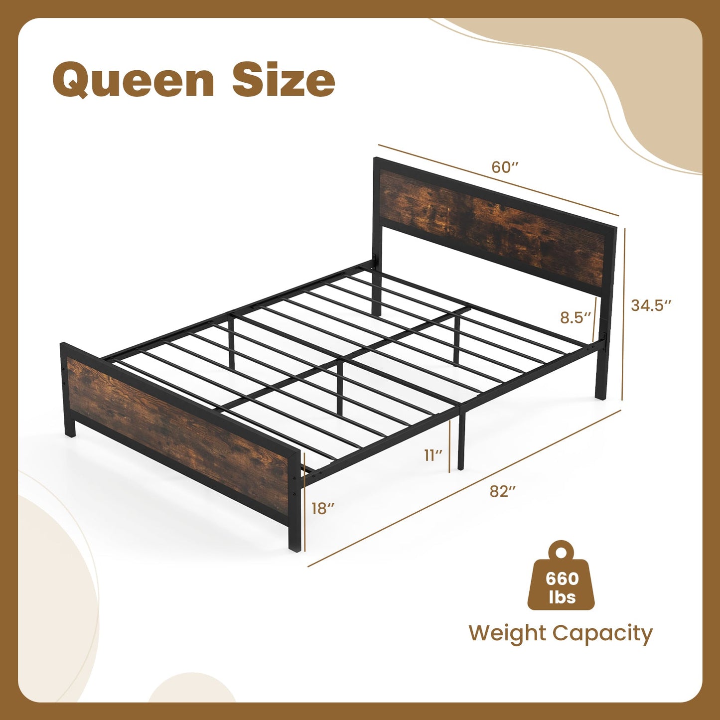 Estructura de cama metálica con cabecero y pie de cama - Tamaño queen