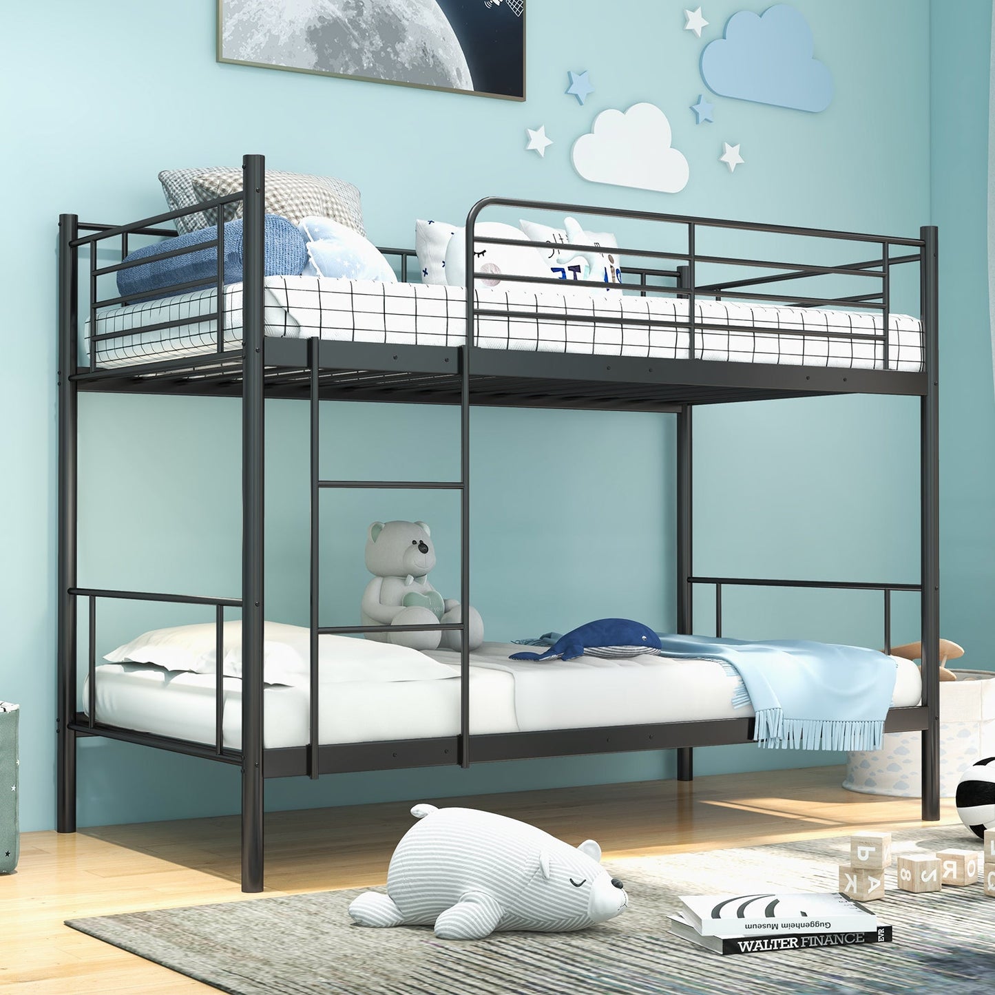 Litera metálica con escalera y barandillas de seguridad de longitud completa - Negro