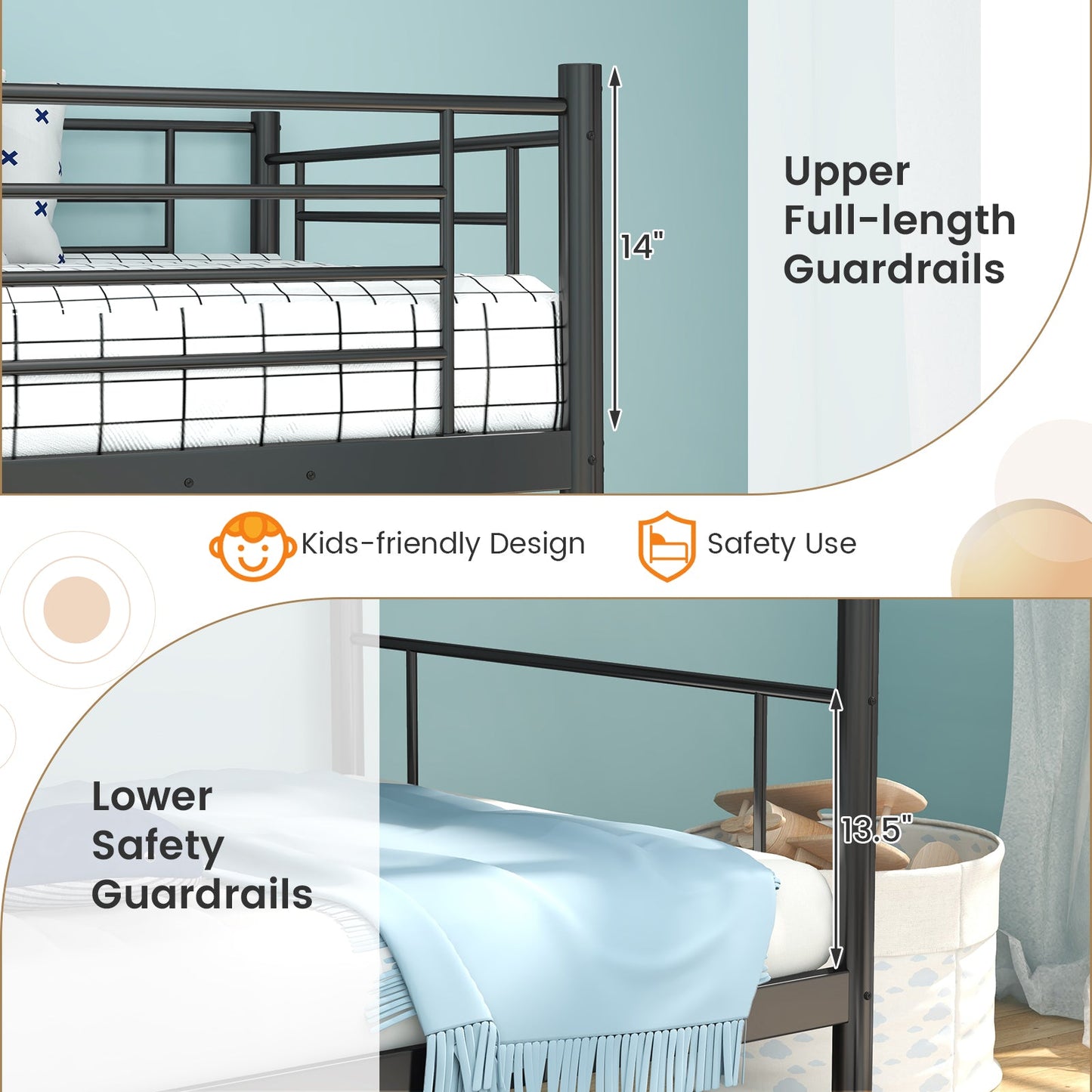 Litera metálica con escalera y barandillas de seguridad de longitud completa - Negro
