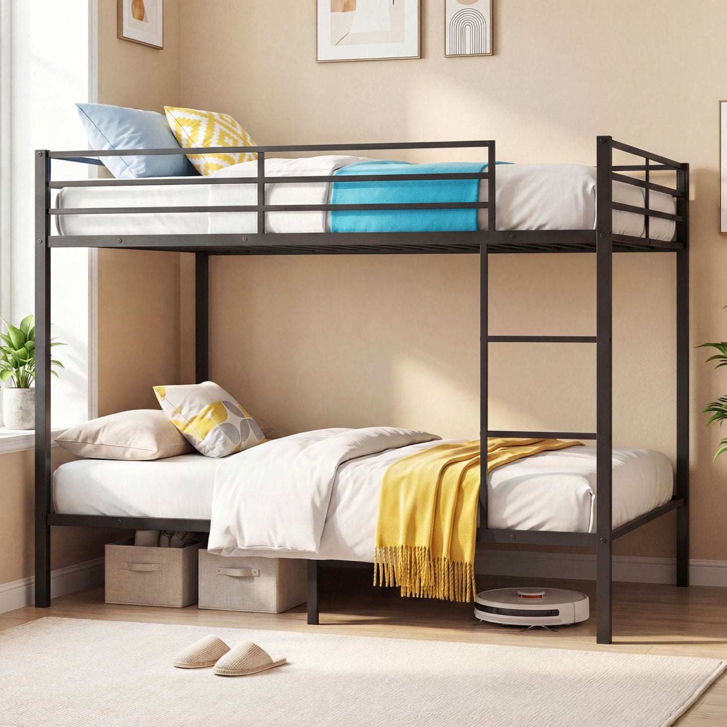 Metal Bunk Bed Full Over Full with Length Safety Guardrail-Black