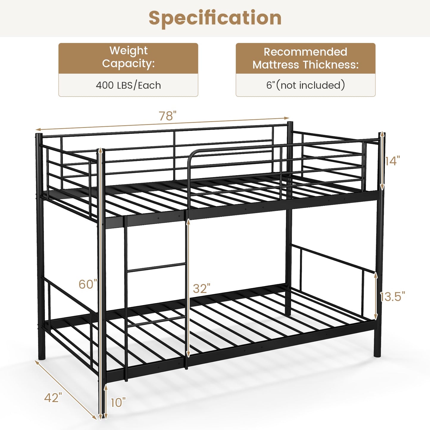 Litera metálica con escalera y barandillas de seguridad de longitud completa - Negro