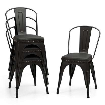 Metal Dining Chair Set of 4 Stackable Kitchen Chairs with Removable Backs and PU Leather Cushioned Seat-Black