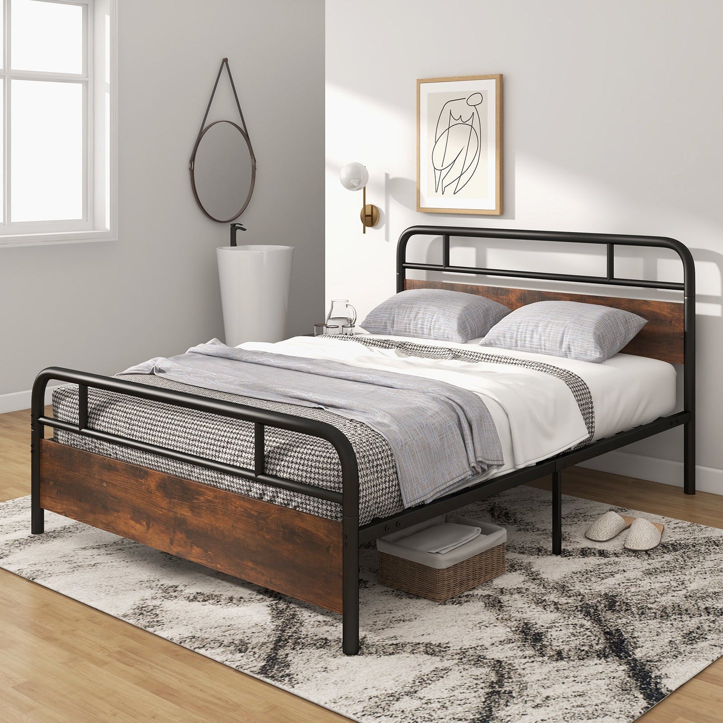 Estructura de cama Twin/Full/Queen con cabecero industrial - Tamaño Queen