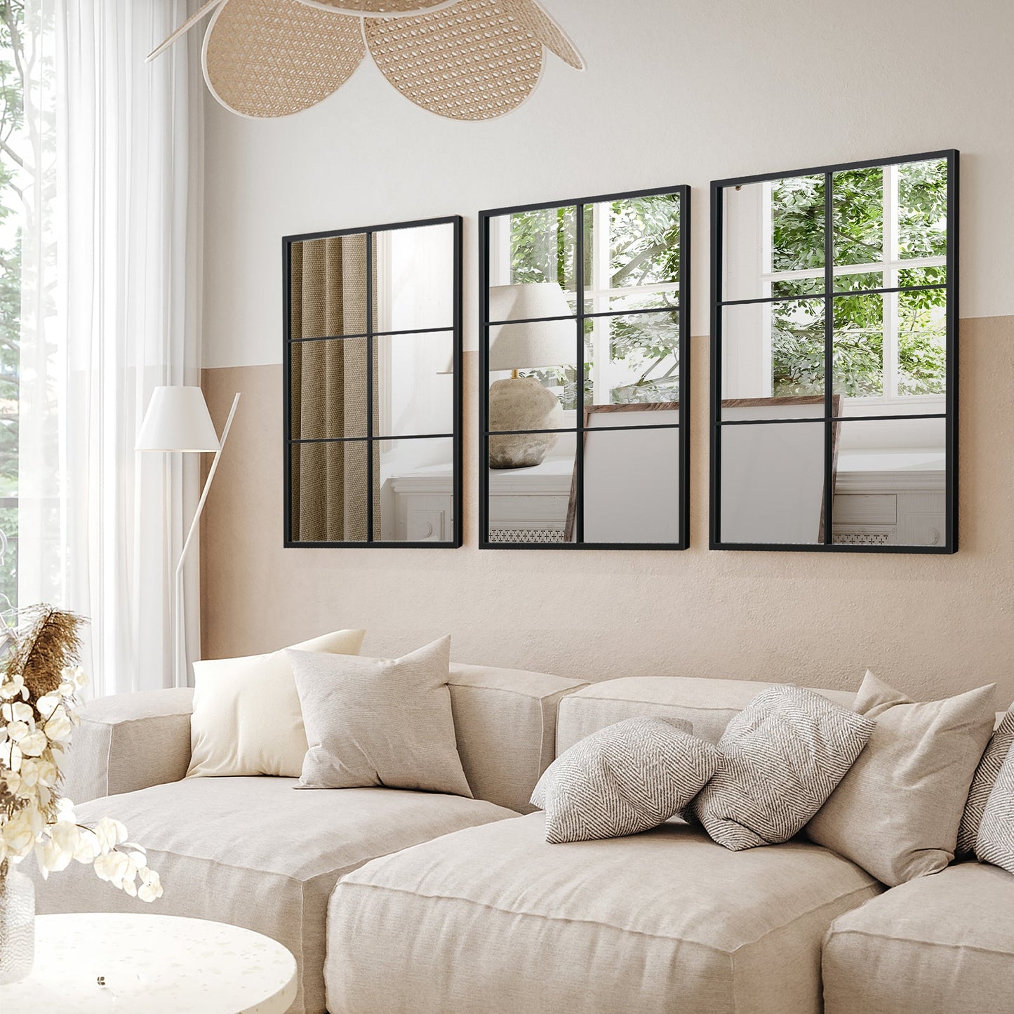 Espejo de pared decorativo de 3 capas con marco de metal para comedor y sala de estar - Negro