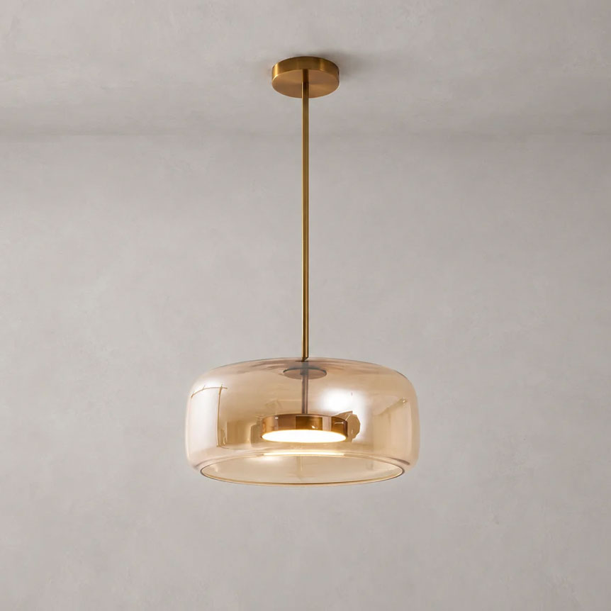Pendant light fixture hand-blown glass sphere with amber shade and warm LED by Moktan Sabai on Tampa Home & Garden Store