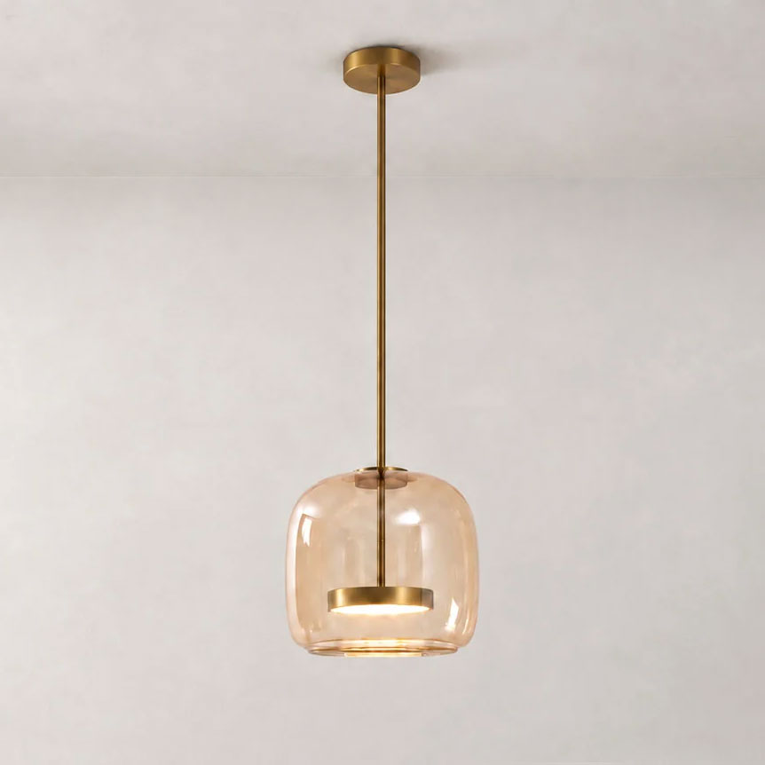 Moktan Sabai hand-blown glass sphere pendant light with warm LED, amber shade, brass rod on Tampa Home & Garden Store
