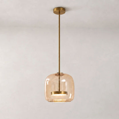 Moktan Sabai hand-blown glass sphere pendant light with warm LED, amber shade, brass rod on Tampa Home & Garden Store