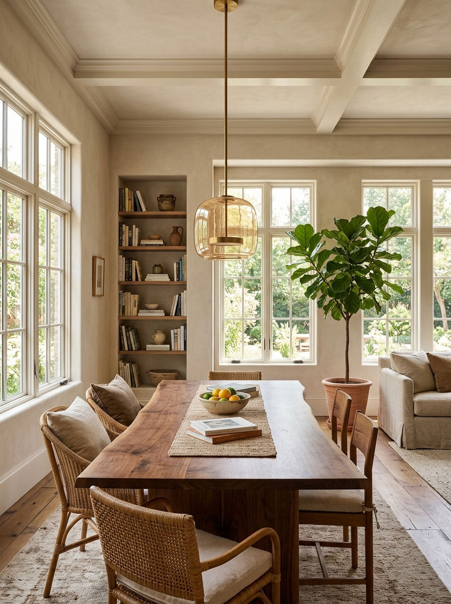 Hand-blown glass sphere pendant light with warm LED in amber shade over a wooden table on Tampa Home & Garden Store