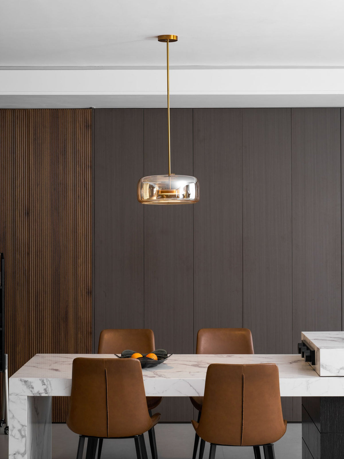 Hand-blown glass sphere pendant light with warm LED amber smoke shade Moktan Sabai on Tampa Home & Garden Store