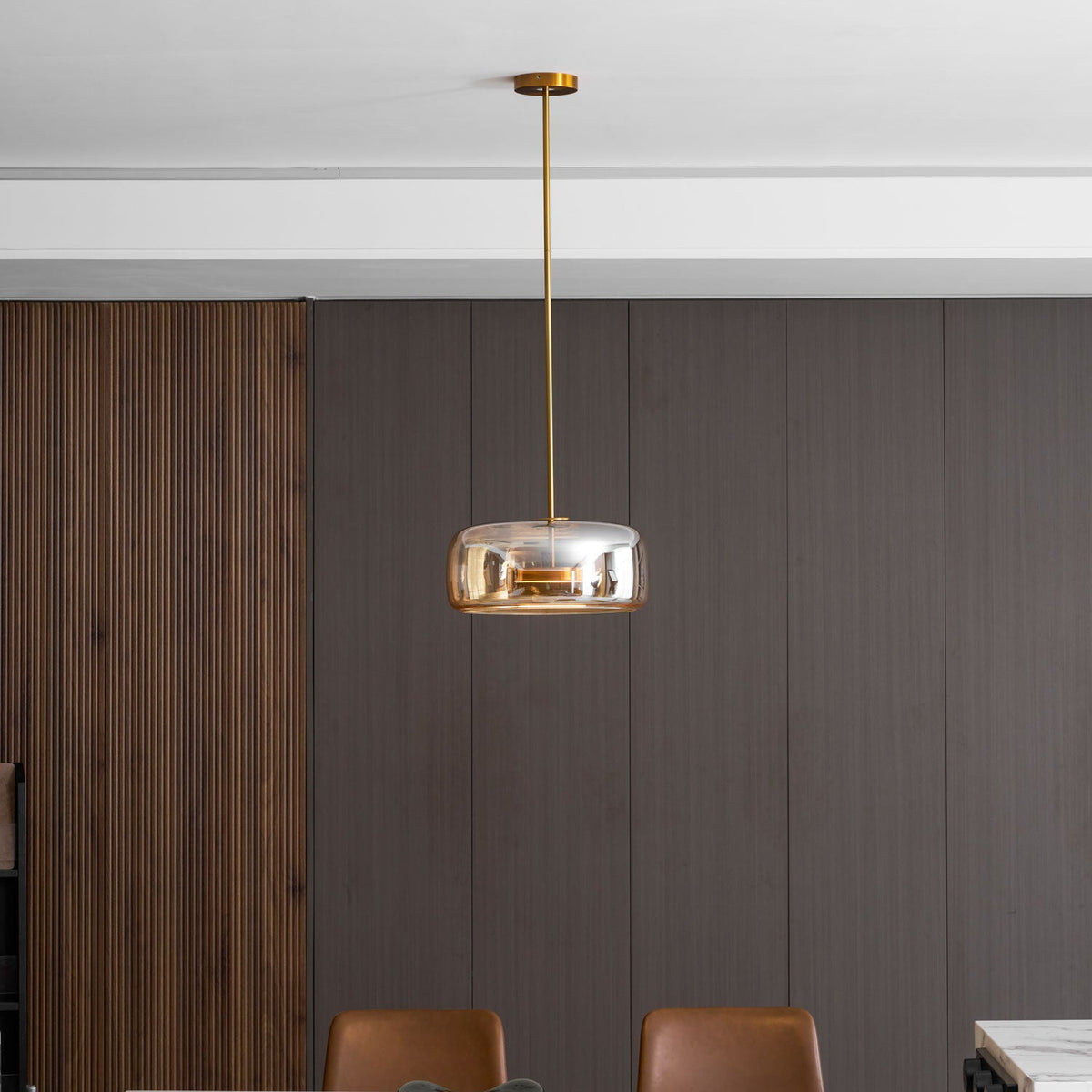 Hand-Blown Glass Sphere Pendant Light with amber shade and brass stem warm LED on Tampa Home & Garden Store