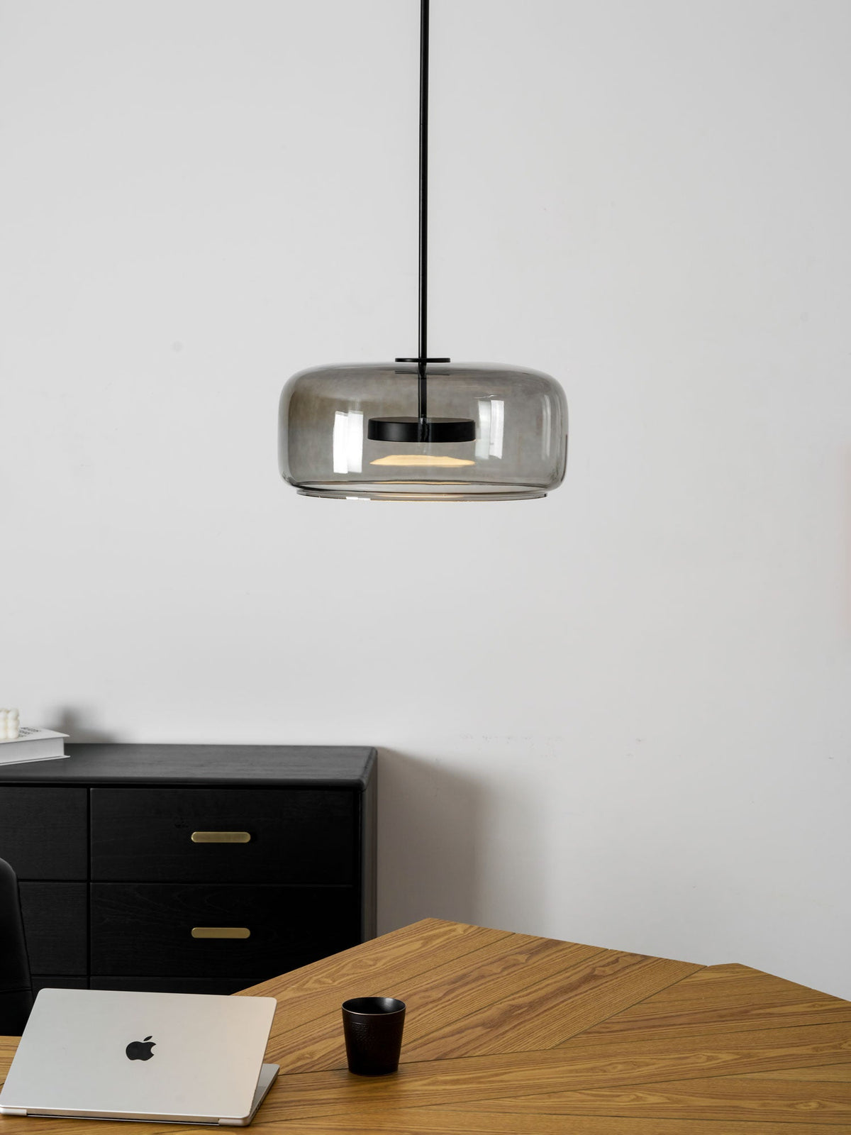 Hand-blown glass sphere pendant light with smoky grey shade and warm LED, Moktan Sabai on Tampa Home & Garden Store