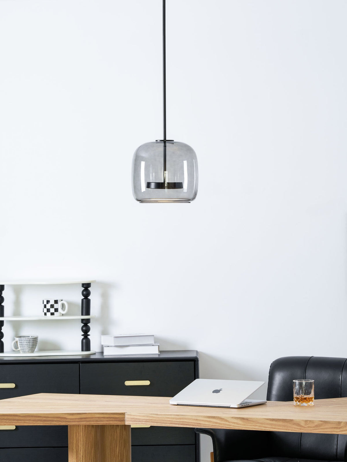 Hand-blown glass sphere pendant light with warm LED, smoke grey or amber shade, Moktan Sabai on Tampa Home & Garden Store
