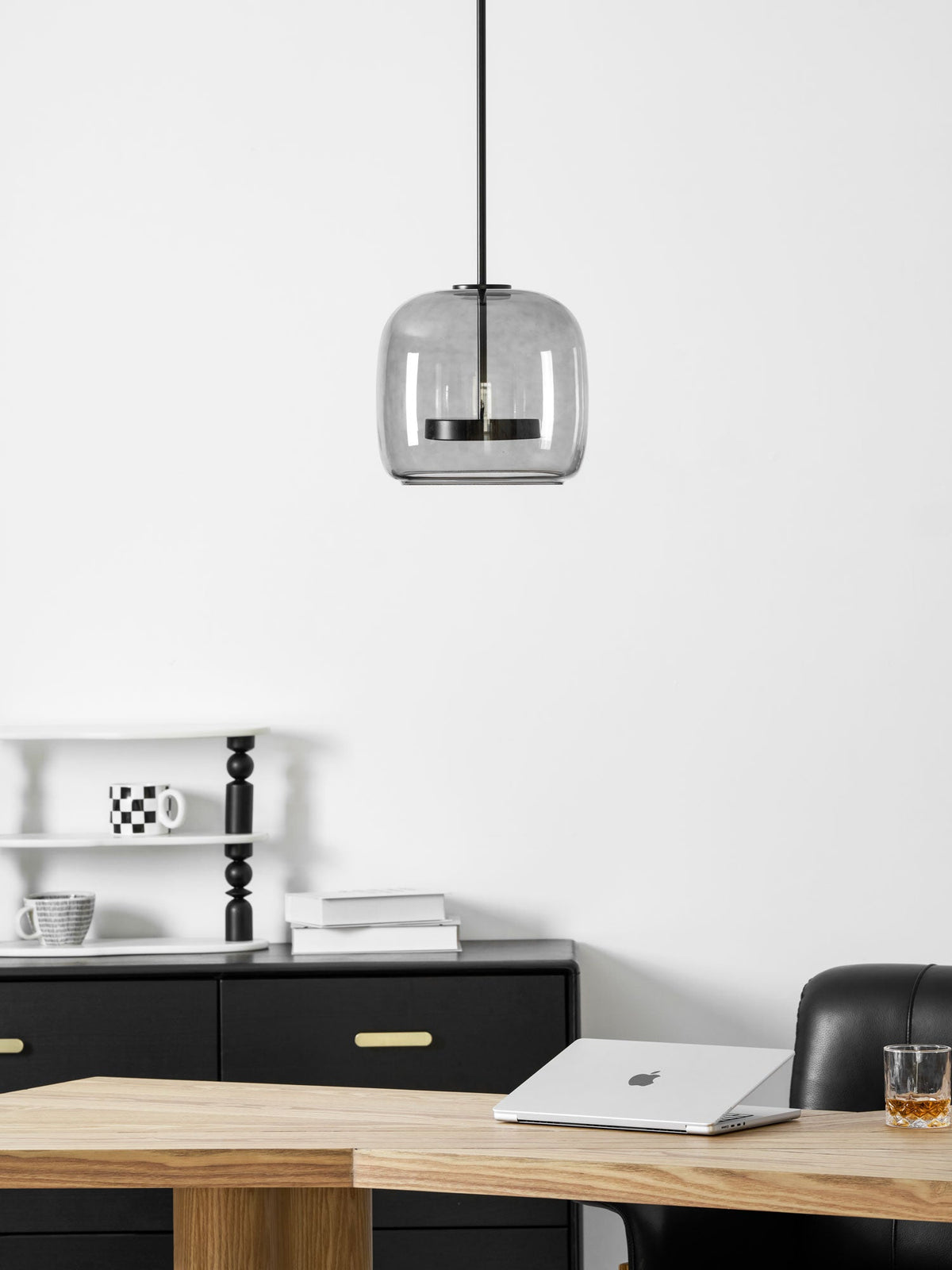 Hand-Blown Glass Sphere Pendant Light Moktan Sabai, smoke grey shade, warm LED on Tampa Home & Garden Store