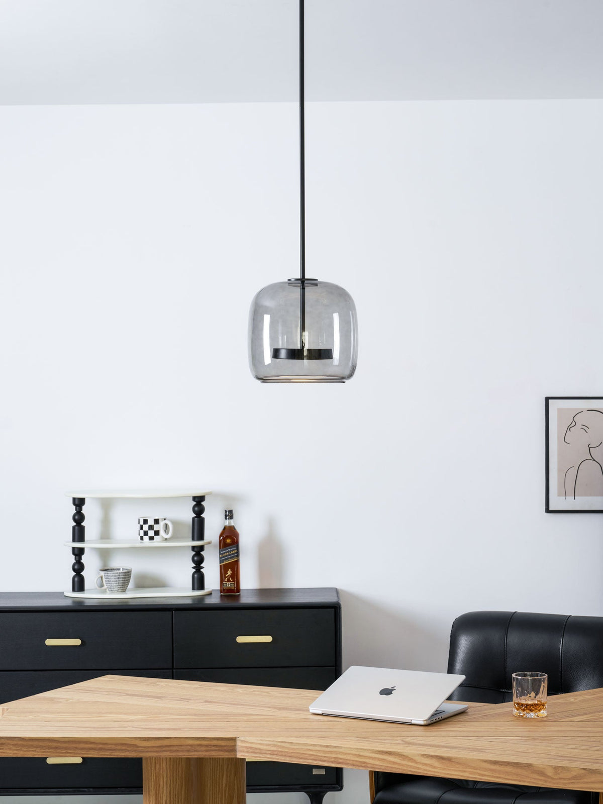 Moktan Sabai hand-blown glass sphere pendant light with smoky grey amber shade, warm LED on Tampa Home & Garden Store