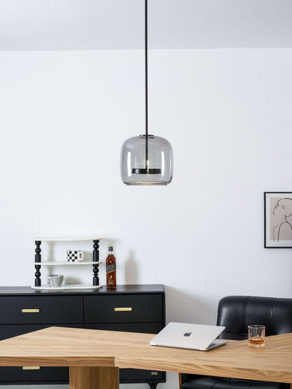 Moktan Sabai hand-blown glass sphere pendant light with smoky grey amber shade, warm LED on Tampa Home & Garden Store