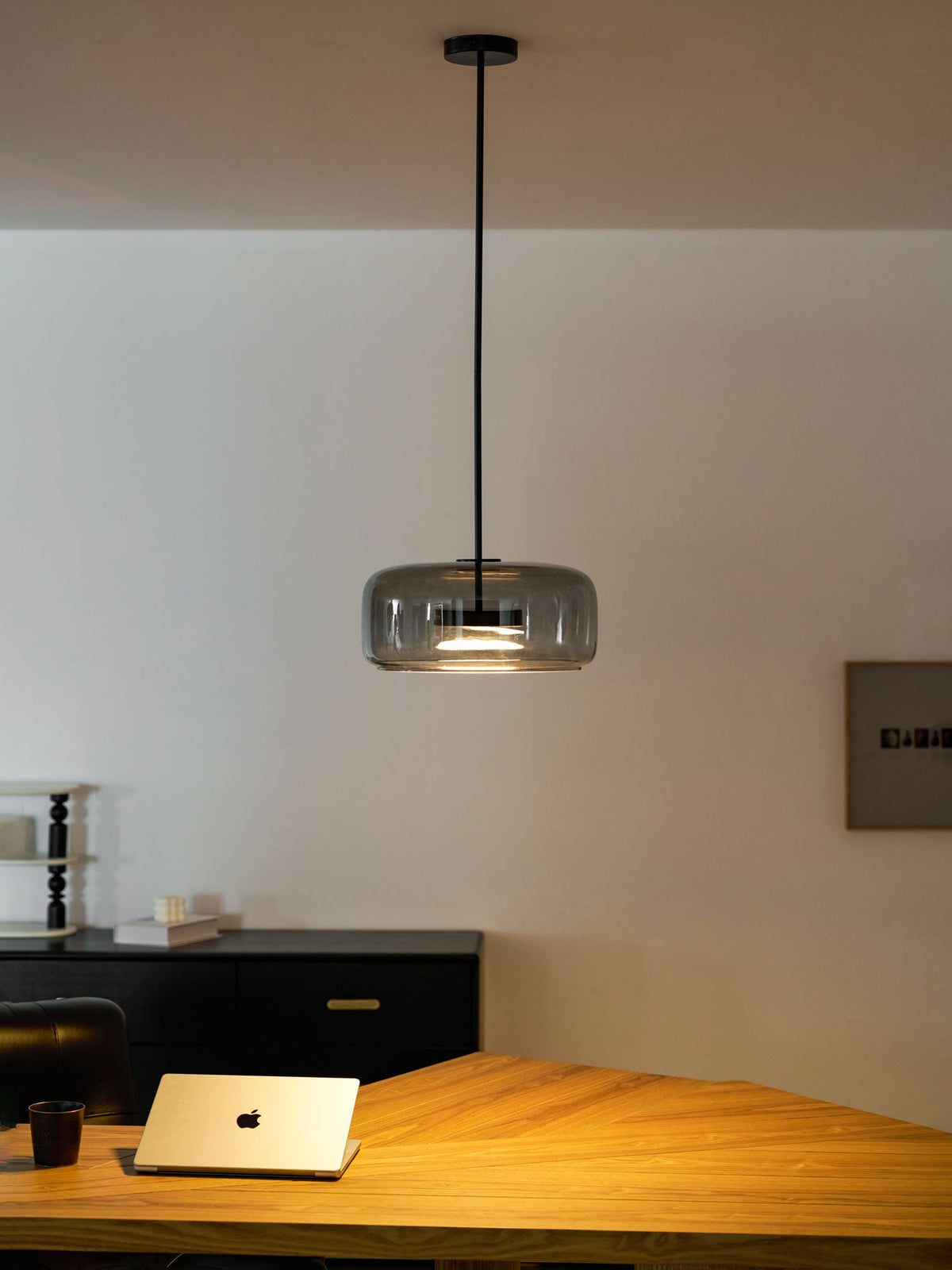 Hand-Blown Glass Sphere Pendant Light by Moktan Sabai with smoke grey amber shade, warm LED on Tampa Home & Garden Store