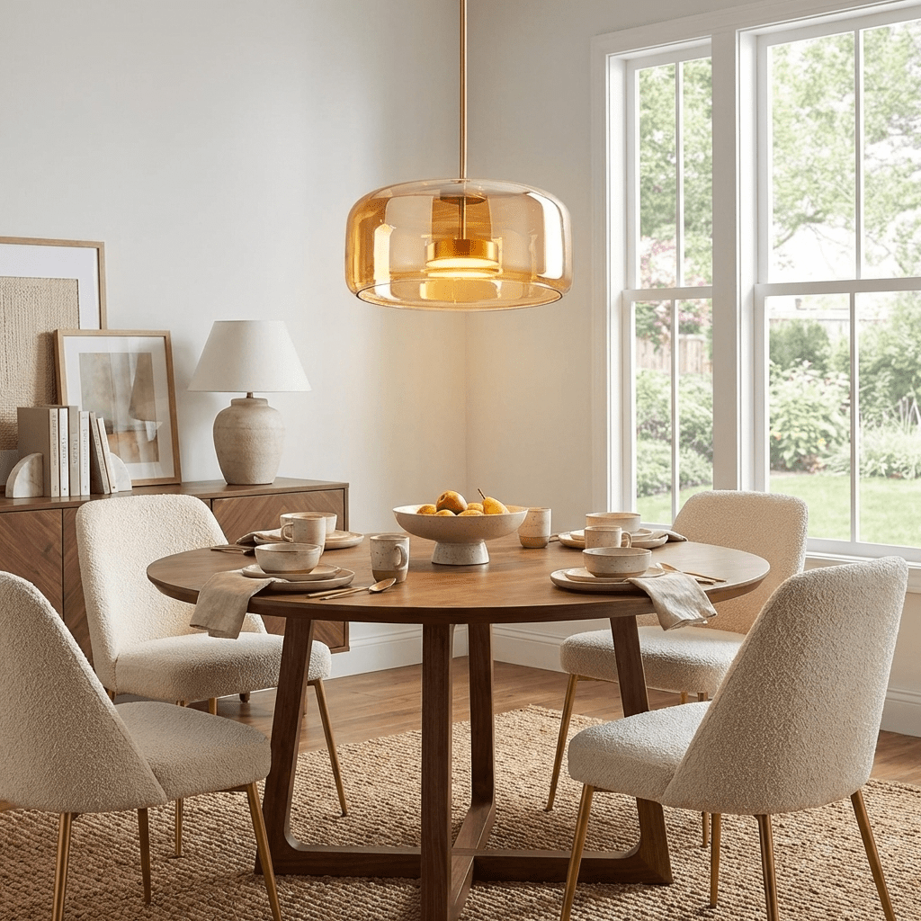 Hand-blown glass sphere pendant light with warm LED in amber smoke shade Moktan Sabai on Tampa Home & Garden Store
