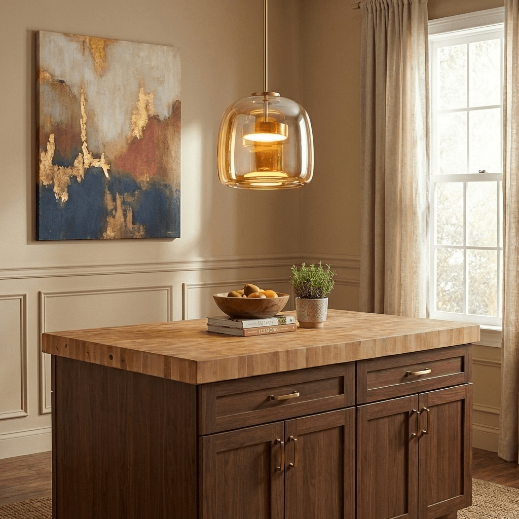 Handblown glass sphere pendant light with amber and warm LED by Moktan Sabai above island on Tampa Home & Garden Store