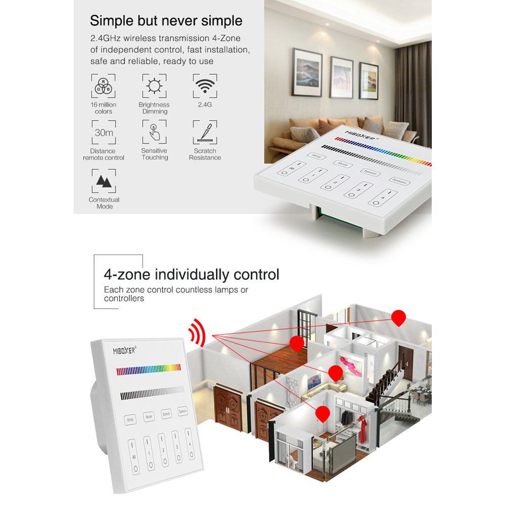 MiBoxer RGB/RGBW Wall Mounted Smart Panel Wireless Remote 4 Zones 2.4G RF - Tampa Home & Garden Store