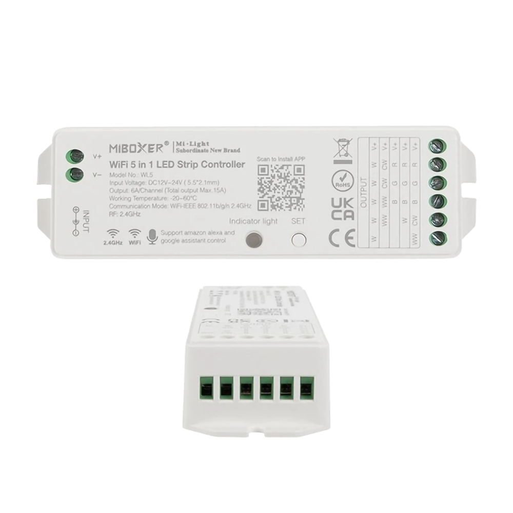 Controlador 5 en 1 para tira de luces LED Miboxer WL5, control mediante aplicación para teléfono inteligente, compatible con 5050, 3528 y 2835