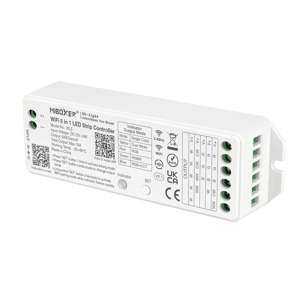 Controlador 5 en 1 para tira de luces LED Miboxer WL5, control mediante aplicación para teléfono inteligente, compatible con 5050, 3528 y 2835