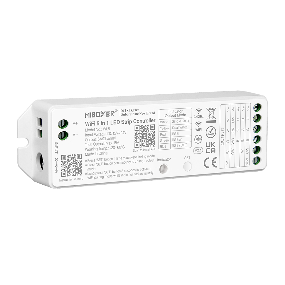 Controlador 5 en 1 para tira de luces LED Miboxer WL5, control mediante aplicación para teléfono inteligente, compatible con 5050, 3528 y 2835