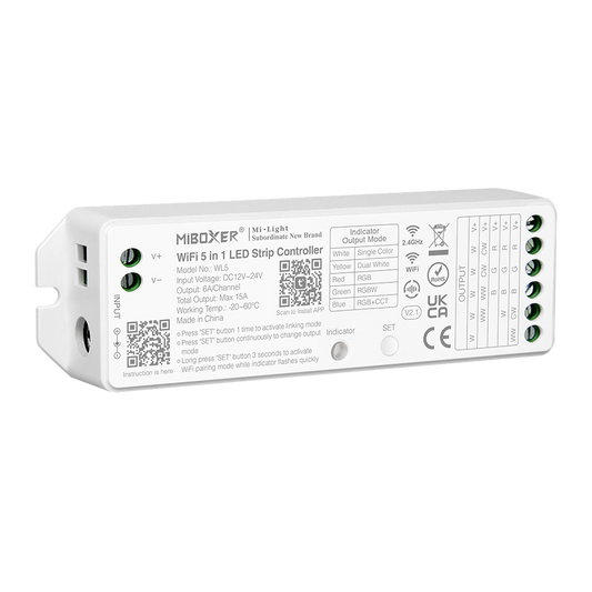 Controlador 5 en 1 para tira de luces LED Miboxer WL5, control mediante aplicación para teléfono inteligente, compatible con 5050, 3528 y 2835