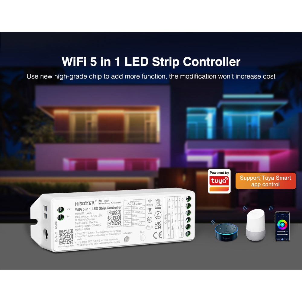 Controlador 5 en 1 para tira de luces LED Miboxer WL5, control mediante aplicación para teléfono inteligente, compatible con 5050, 3528 y 2835