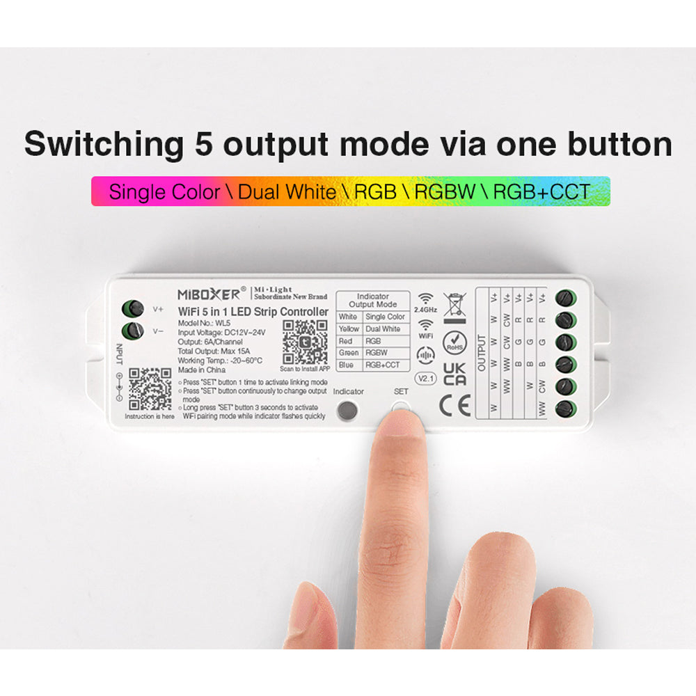 Controlador 5 en 1 para tira de luces LED Miboxer WL5, control mediante aplicación para teléfono inteligente, compatible con 5050, 3528 y 2835