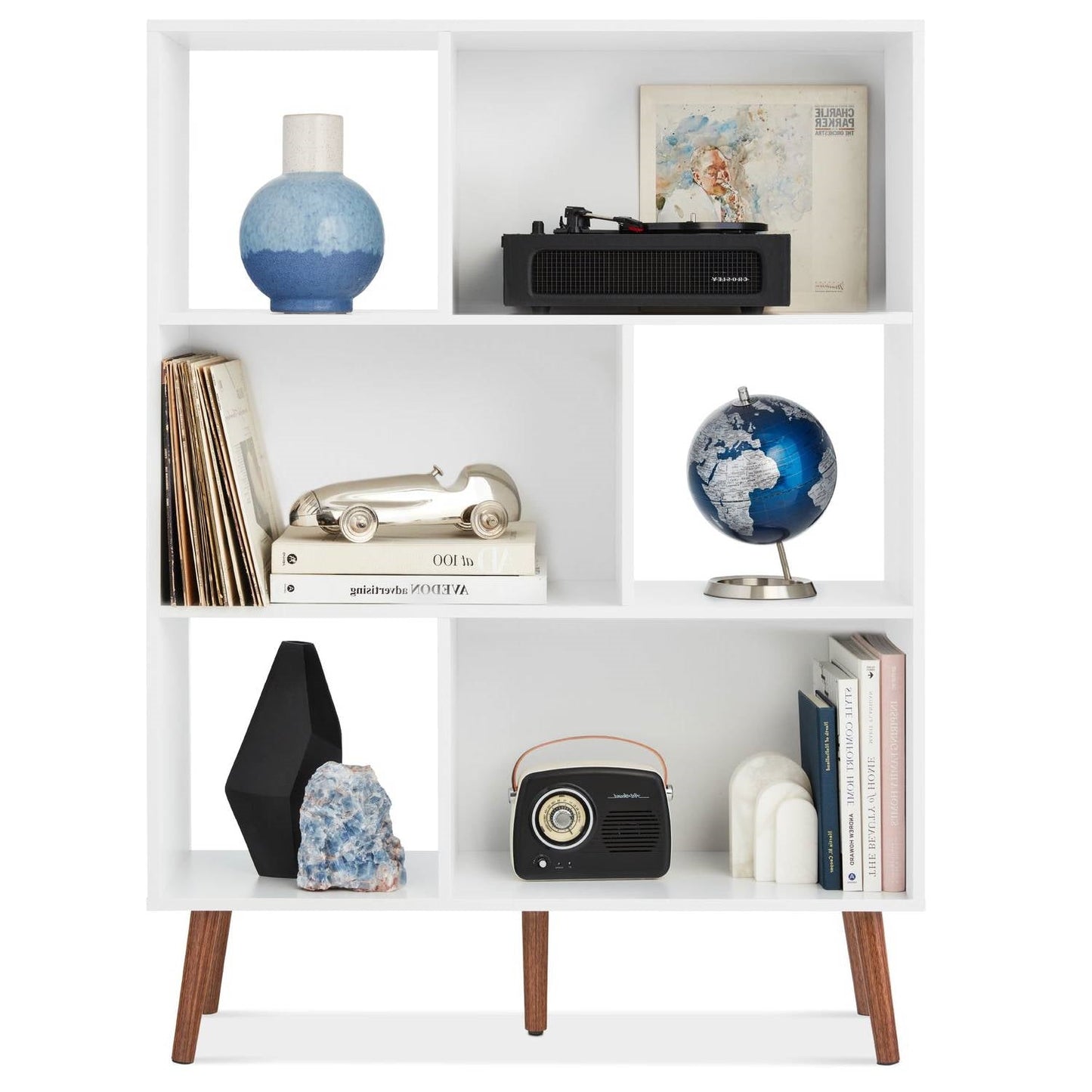 Mid Century Modern Style Bookcase Storage Shelving Unit in White Wood Finish - Tampa Home & Garden Store