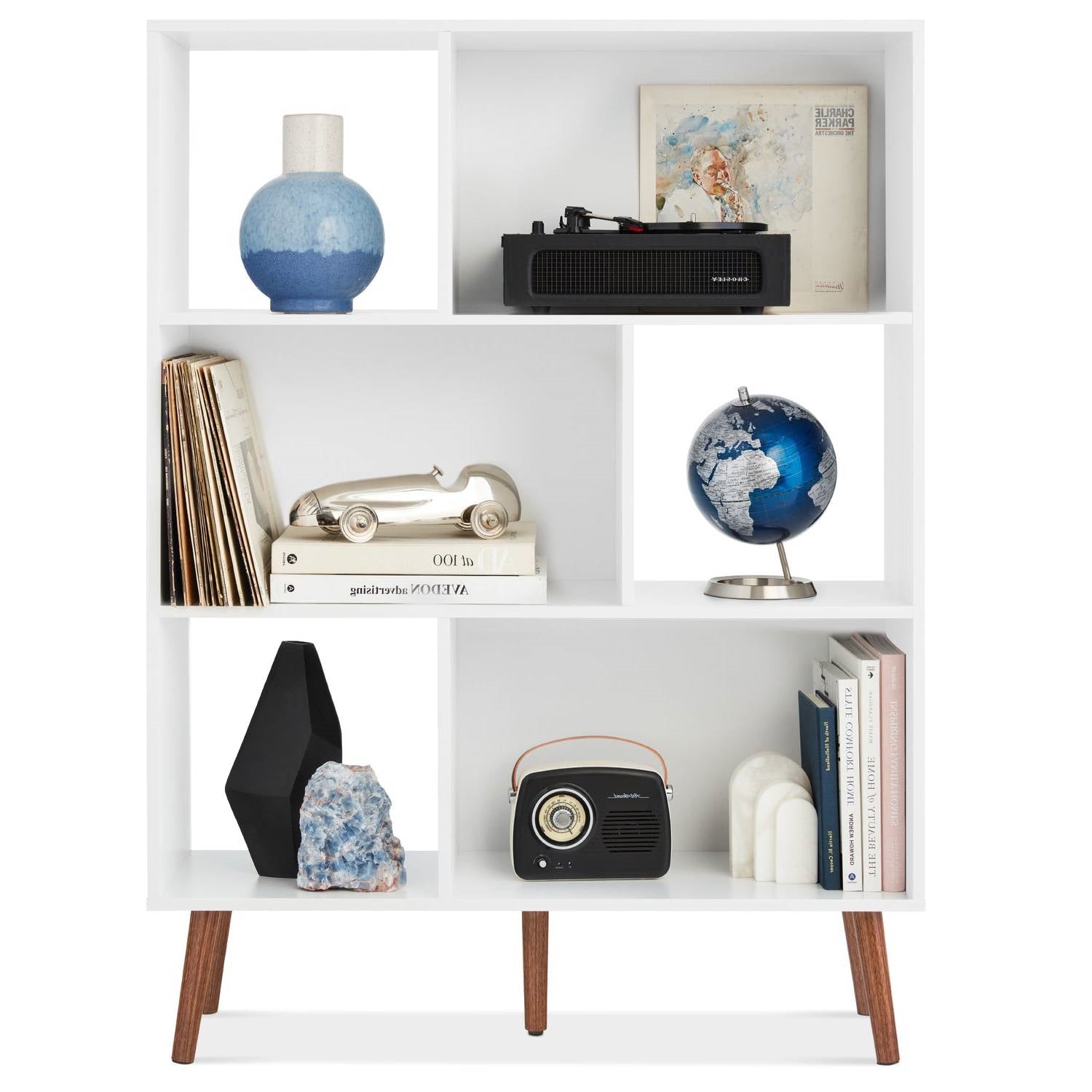 Mid Century Modern Style Bookcase Storage Shelving Unit in White Wood Finish - Tampa Home & Garden Store