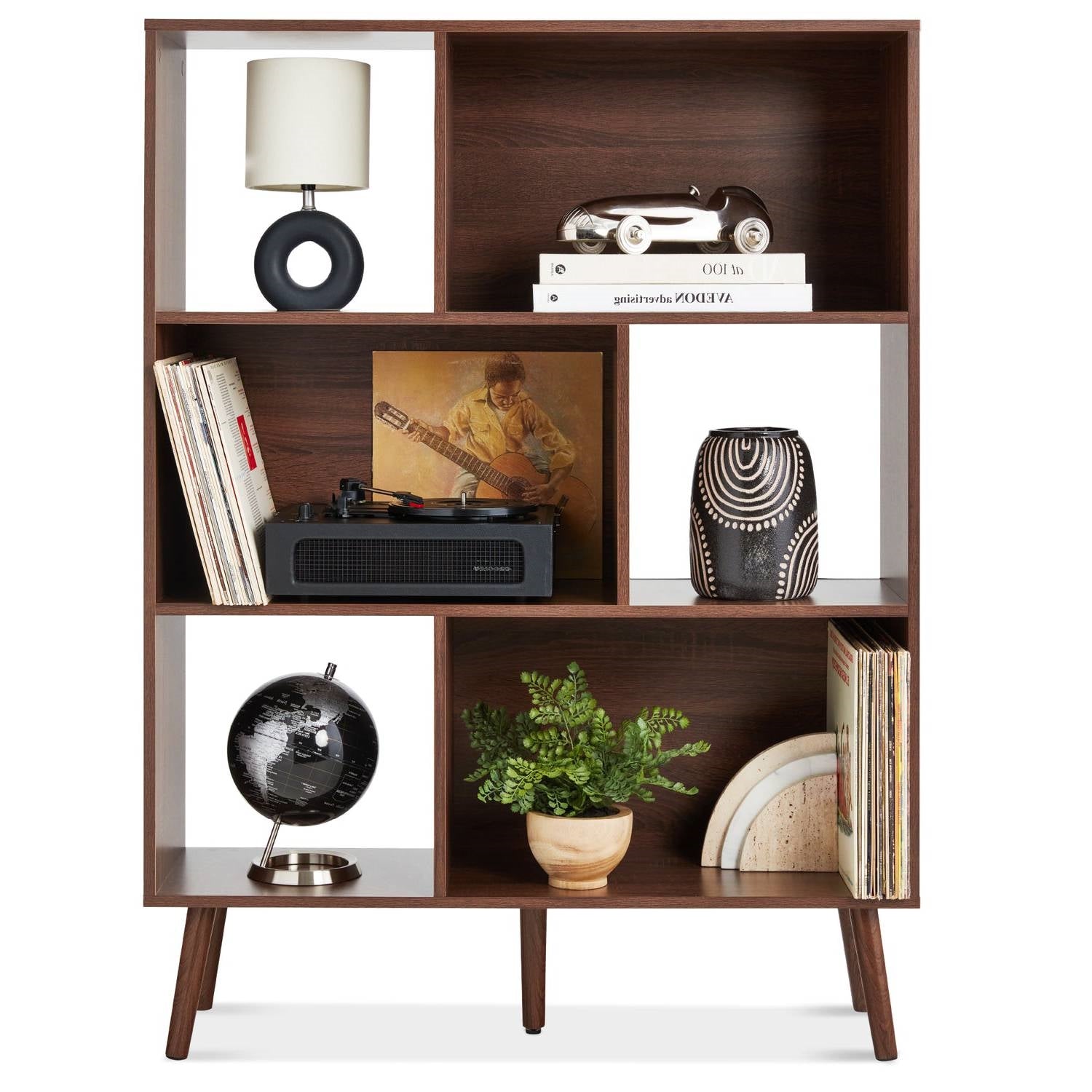 Mid Century Style Bookcase Storage Shelving Unit in Walnut Wood Finish - Tampa Home & Garden Store