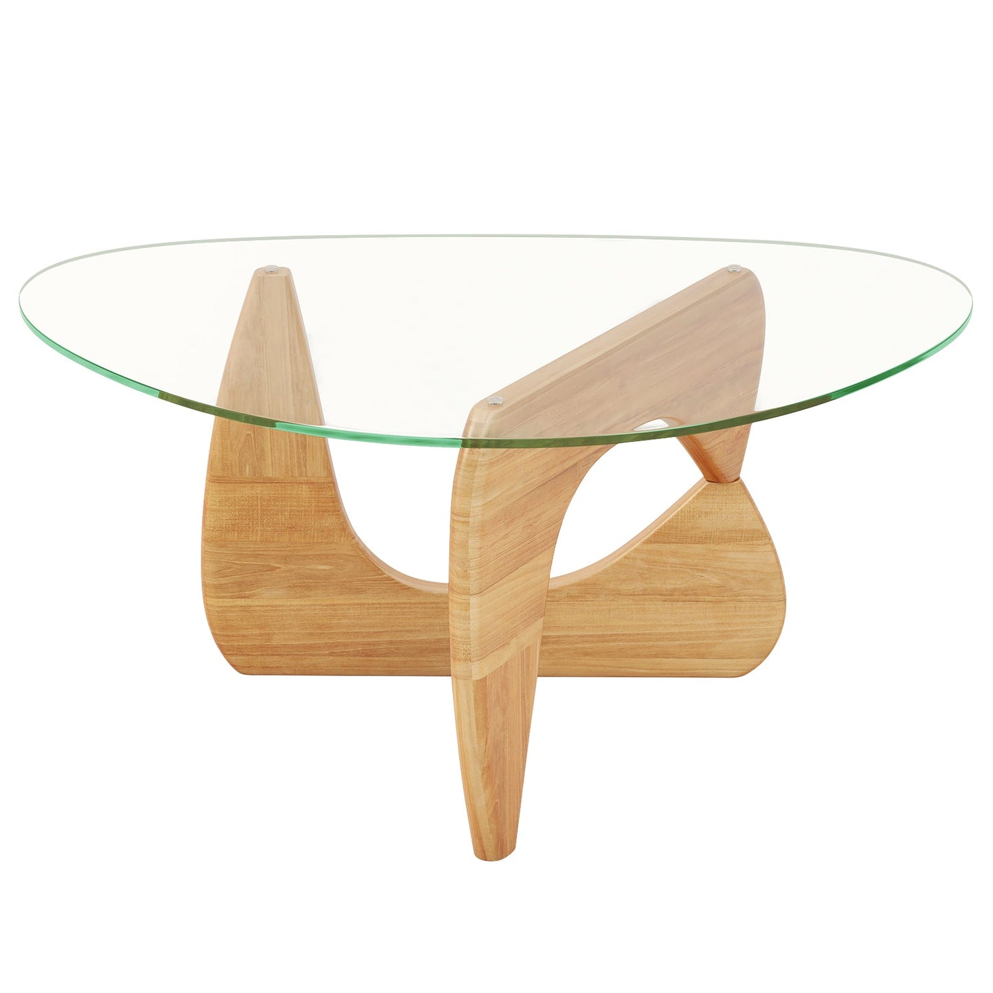 Triangle Coffee Table with Tempered Glass Top and Adjustable Rubber Wood Base-Walnut